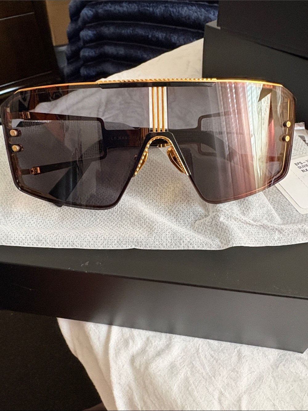 Balmain Oversized Shield Sunglasses in Brown and Gold
